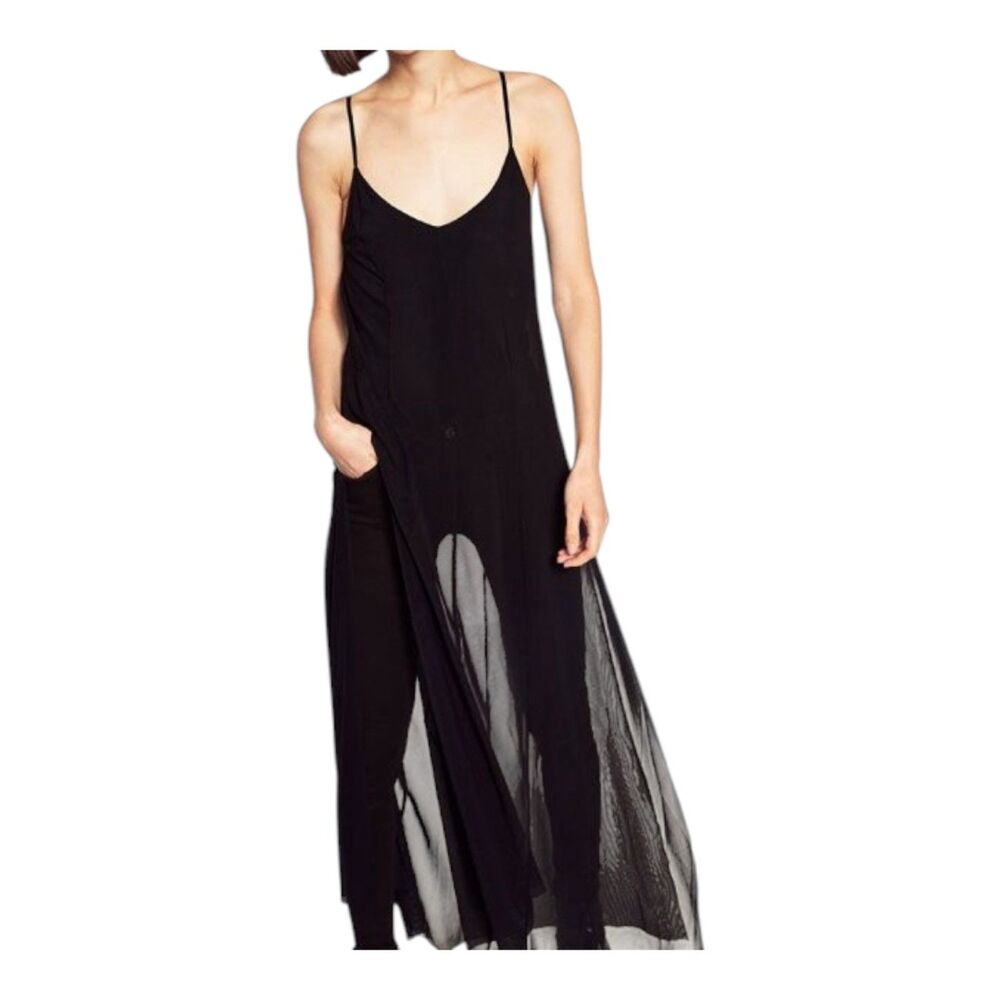 Zara Sport Black Sheer High-Slit Maxi Overlay Dress w/ Built-In Bodysuit Size L